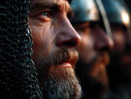 Knights in armor preparing for battle at dawn in the forest photo