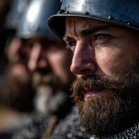 Warriors in full armor focused on their battle preparations photo