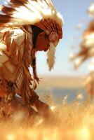 Native American tribal member wearing traditional attire in nature photo