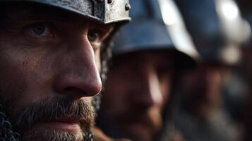 Warriors prepare for battle in medieval reenactment event photo