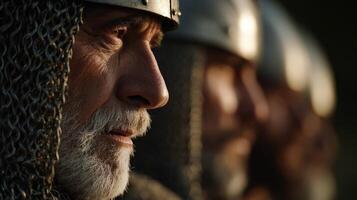 Medieval warriors stand guard in armor during a quiet evening photo