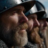 Historic reenactors wearing medieval helmets during an event photo