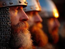 Medieval warriors stand in formation during sunset photo