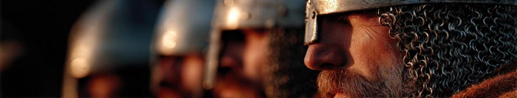 Historical reenactors portray knights at sunset in a village photo