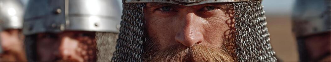 Brave warrior with chainmail helm displaying intense focus photo