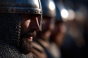 Historical reenactors display medieval combat preparation in uniform photo