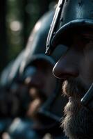 Warriors prepare for battle in a dense forest setting photo
