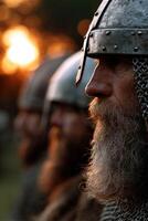 Warriors in armor stand together during sunset reenactment photo