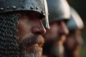 Warriors in historical helmets during a reenactment event photo