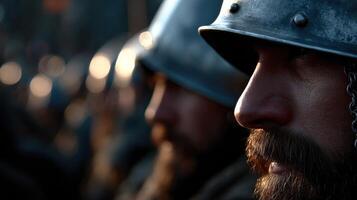 Men in helmets participate in historical reenactment event photo
