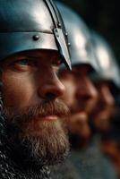 Warriors in helmets participate in historical reenactment event photo