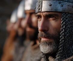 Medieval warriors in armor prepare for battle at a historic location photo