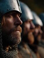 Warriors prepare for battle in a historic reenactment setting photo