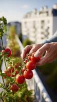 Hand harvesting ripe tomatoes from a balcony garden in daylight photo