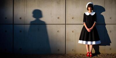 Unique fashion portrait with striking shadow in modern setting photo