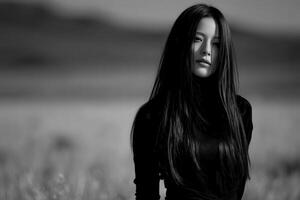 Model poses in a serene field during golden hour photo