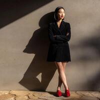 Embracing sunlight while posing against a textured wall photo