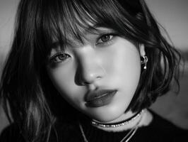 Young woman with striking features posing in black and white photo