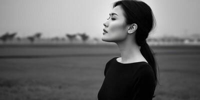 Woman standing in profile with gentle expression outdoors in dusk photo