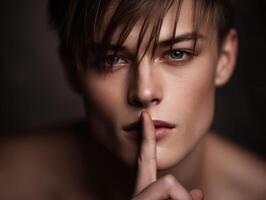 Model displaying an intimate expression with a shushing gesture photo