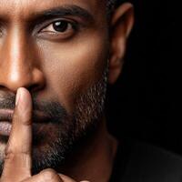 Man with finger on lips signaling silence in dark setting photo