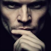 Intense portrait of a man deep in thought during evening hours photo