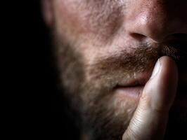 Man with beard gestures for silence in dim lighting photo