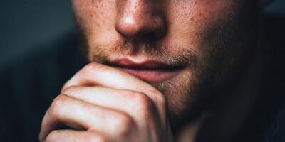 Close-up of thoughtful man resting chin on hand in soft lighting photo