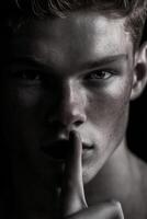 Young man with finger on lips in a dramatic black and white portrait photo