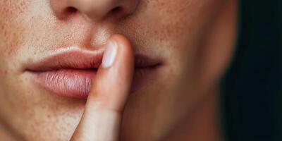 Silence gesture from a person with freckled skin indoors photo