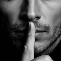 Man holding finger to lips in a gesture of silence in low light photo