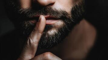 Close-up of a man gesturing silence with his finger on his lips photo