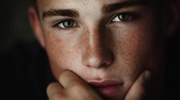 Teen boy with freckles and intense gaze during indoor portrait session photo
