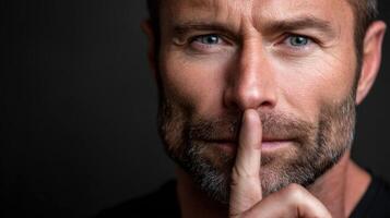 Man holding finger to lips signaling for quiet in studio setting photo