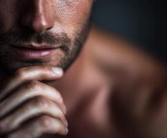 Male model poses thoughtfully with hand on chin in soft light photo