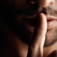 Person signaling silence with finger on lips in low light photo
