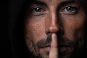 Mysterious man with a shushing gesture and intense gaze in low light photo