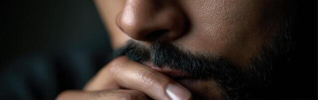 Contemplation of a man with a beard in a dimly lit space photo