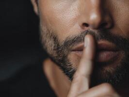 Man signaling silence with finger on lips in close-up view photo