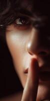 Close-up of a person with a silent gesture in soft lighting photo