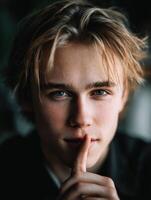 Young man gestures for silence in a candid close-up shot photo