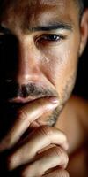 Close-up of a man deep in thought during evening hours photo
