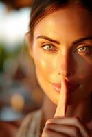 Quiet moment captured in warm evening light with a serene expression photo