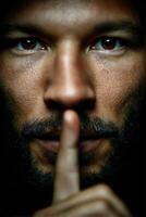 Man with beard and intense gaze holds finger to lips in quiet gesture photo