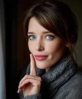 Woman with blue eyes and a thoughtful expression in a cozy setting photo