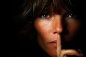Woman with finger on lips in dramatic lighting photo
