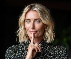 Confident woman making a shushing gesture in a stylish outfit photo