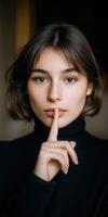 Model poses with a finger to her lips in a calm indoor setting photo