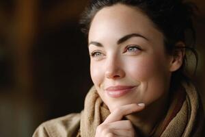 Smiling woman enjoying a moment of contemplation indoors photo