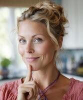 Woman with thoughtful expression in bright kitchen setting photo